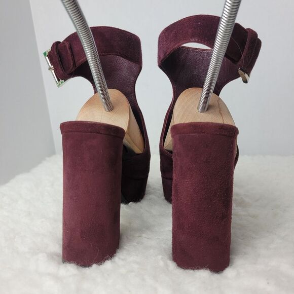 Prada Burgundy Plum Cut Out Womens Size 7 Suede Strapy Slingback Platform Heel - Picture 4 of 10